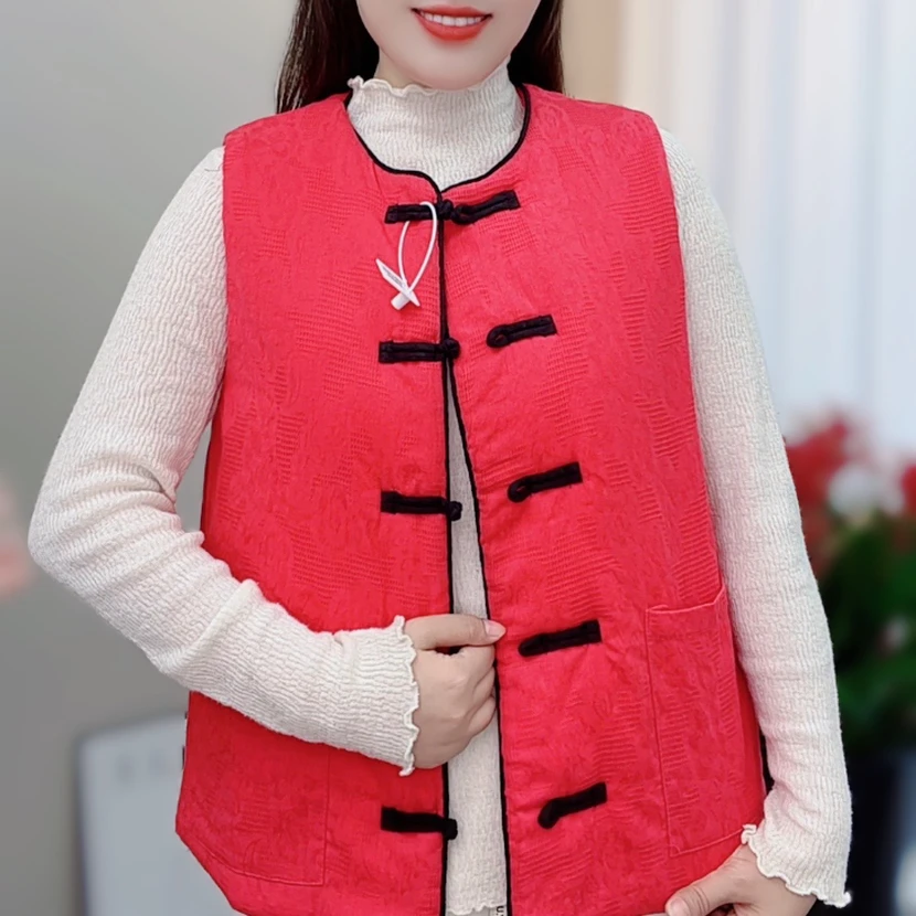 【新疆长绒棉】棉花马甲女秋冬季加棉加厚保暖无袖中式盘扣背心