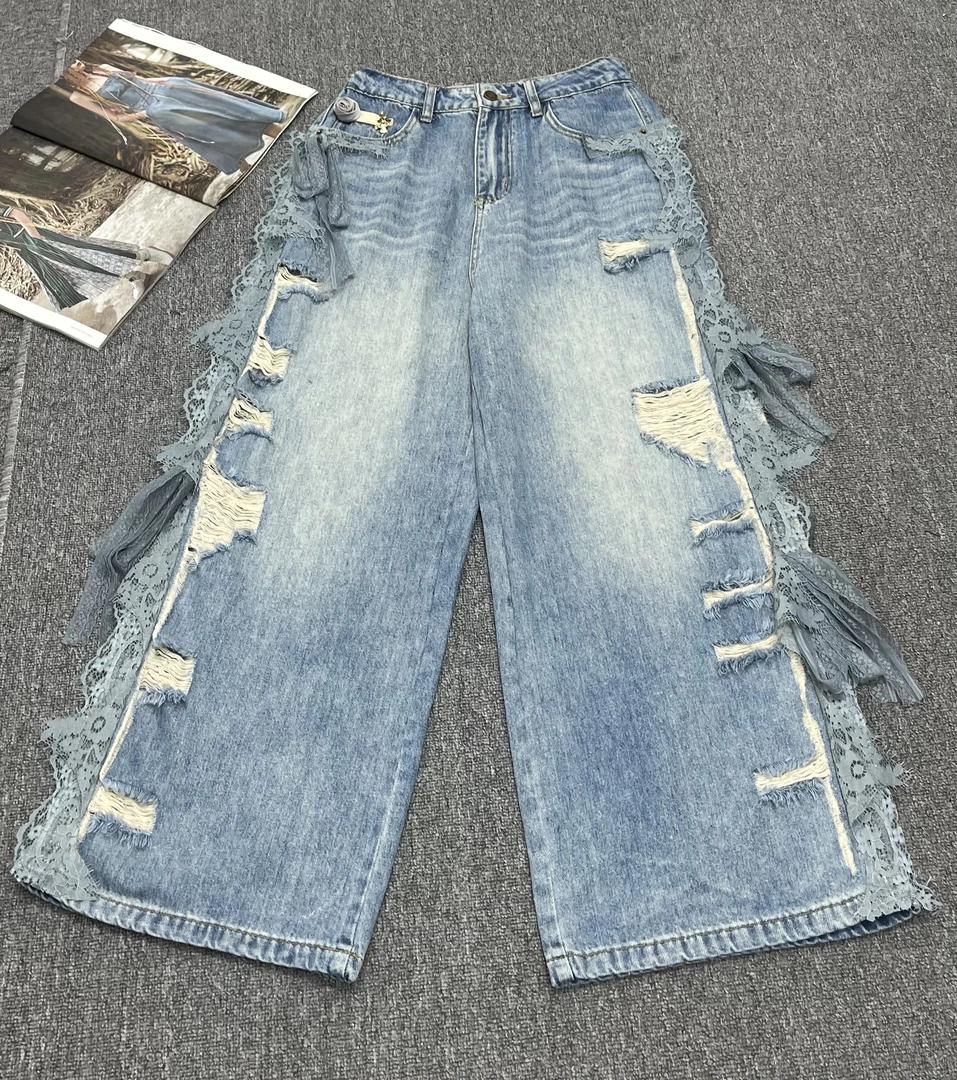 南油欧货夏季新款设计感重工蕾丝结镂空破洞女款休闲百搭牛仔裤