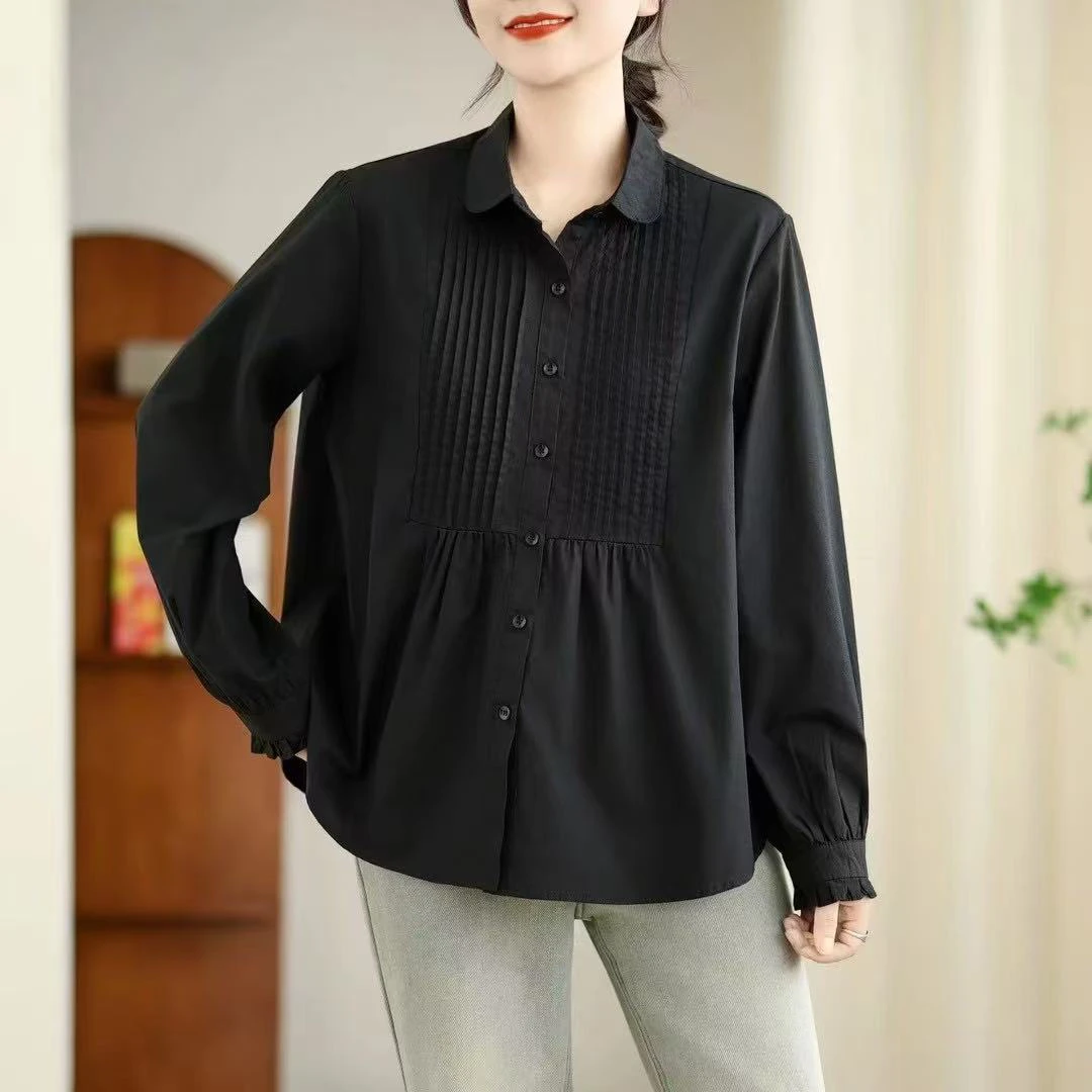 文艺小清新娃娃领长袖衬衫百搭减龄纯色衬衣女春秋1100