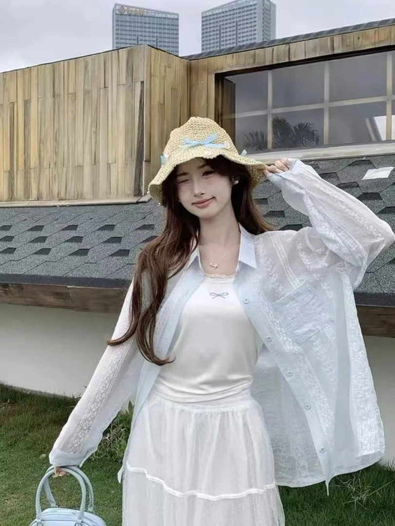 【现货+吊带】镂空钩花长袖衬衫女2025夏季新款宽松衬衫女款外穿