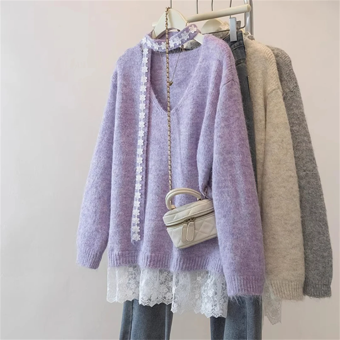 设计感蕾丝拼接飘带V领超好看毛衣女秋季大码胖MM显瘦宽松针织衫