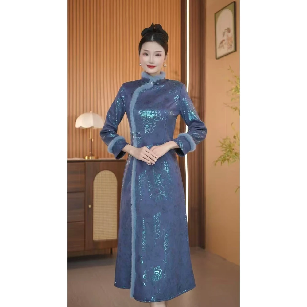 【晓山青】衣长120新款冬款加绒复古中长高档文艺旗袍连衣裙