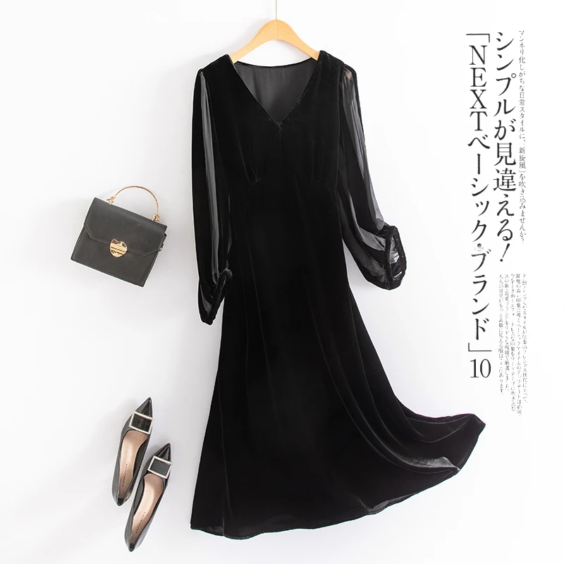 墨枝 气质V领优雅显瘦真丝丝绒连衣裙D9008457