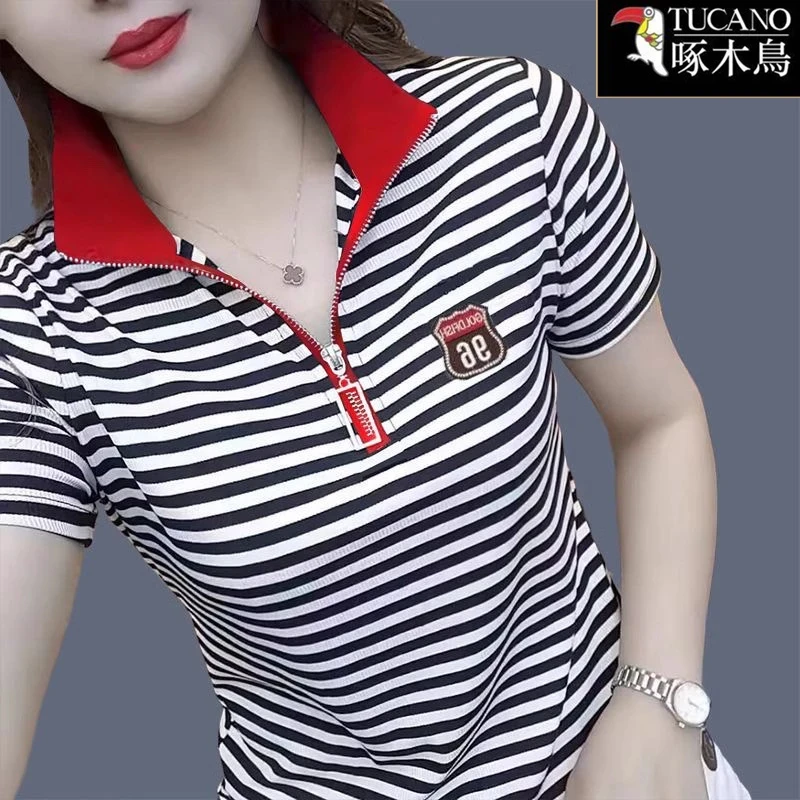 啄木鸟2025新款条纹翻领拼接夏季薄款短袖大码运动显瘦t恤上衣女
