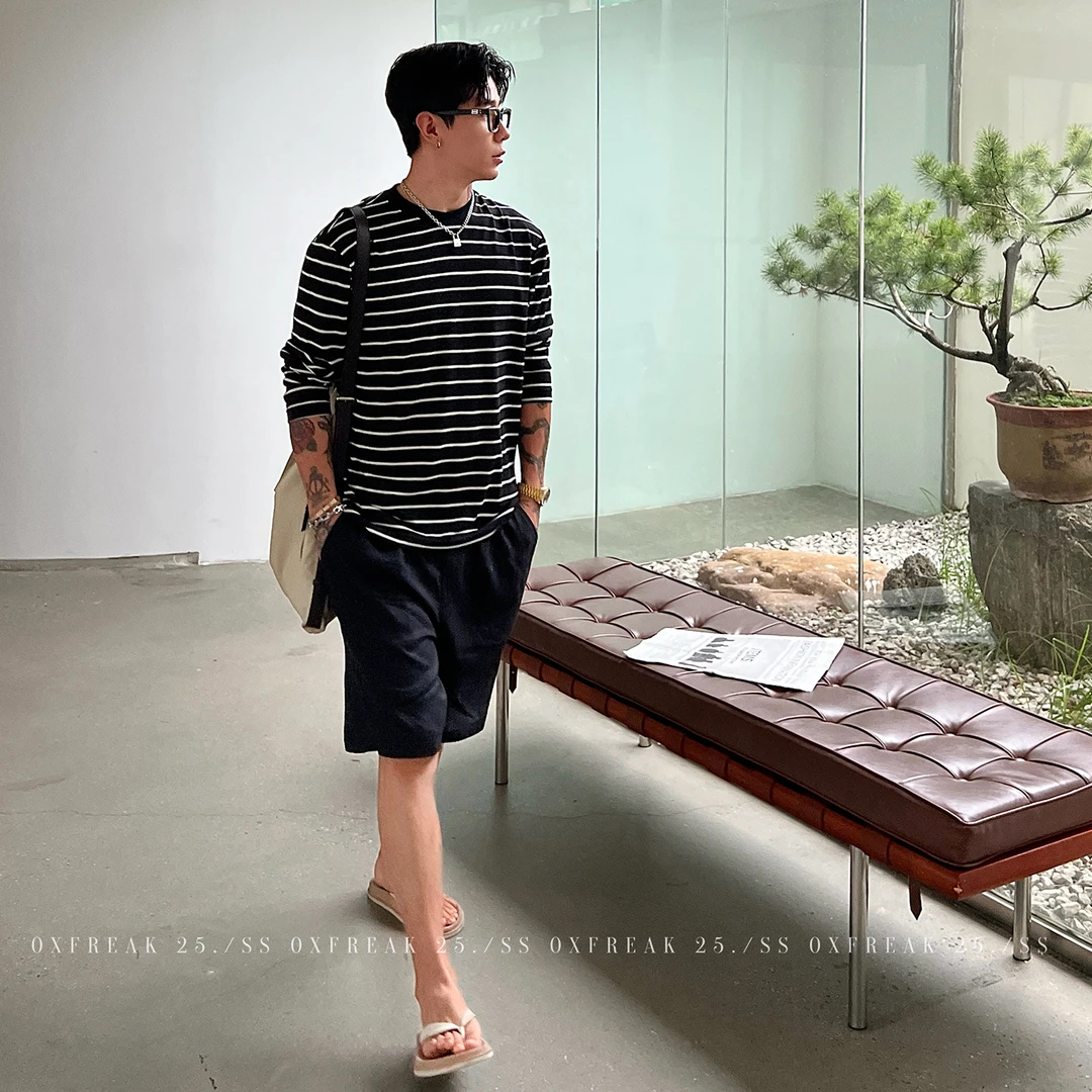 OXFREAK「莱赛尔混纺」黑白条纹长袖t恤男夏季薄款宽松防晒打底衫