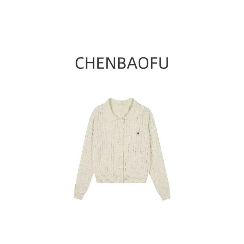 CHENBAOFU老钱千金polo翻领小马刺绣麻花开衫气质显瘦长袖上衣
