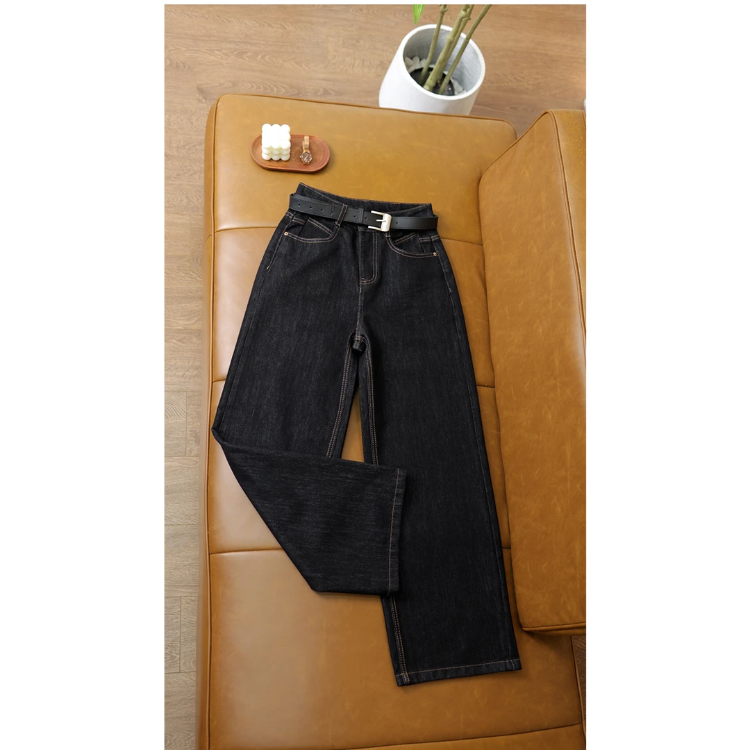 丹宁蓝牛仔裤女高腰阔腿裤2025春季新款高个子显瘦直筒裤春秋T202