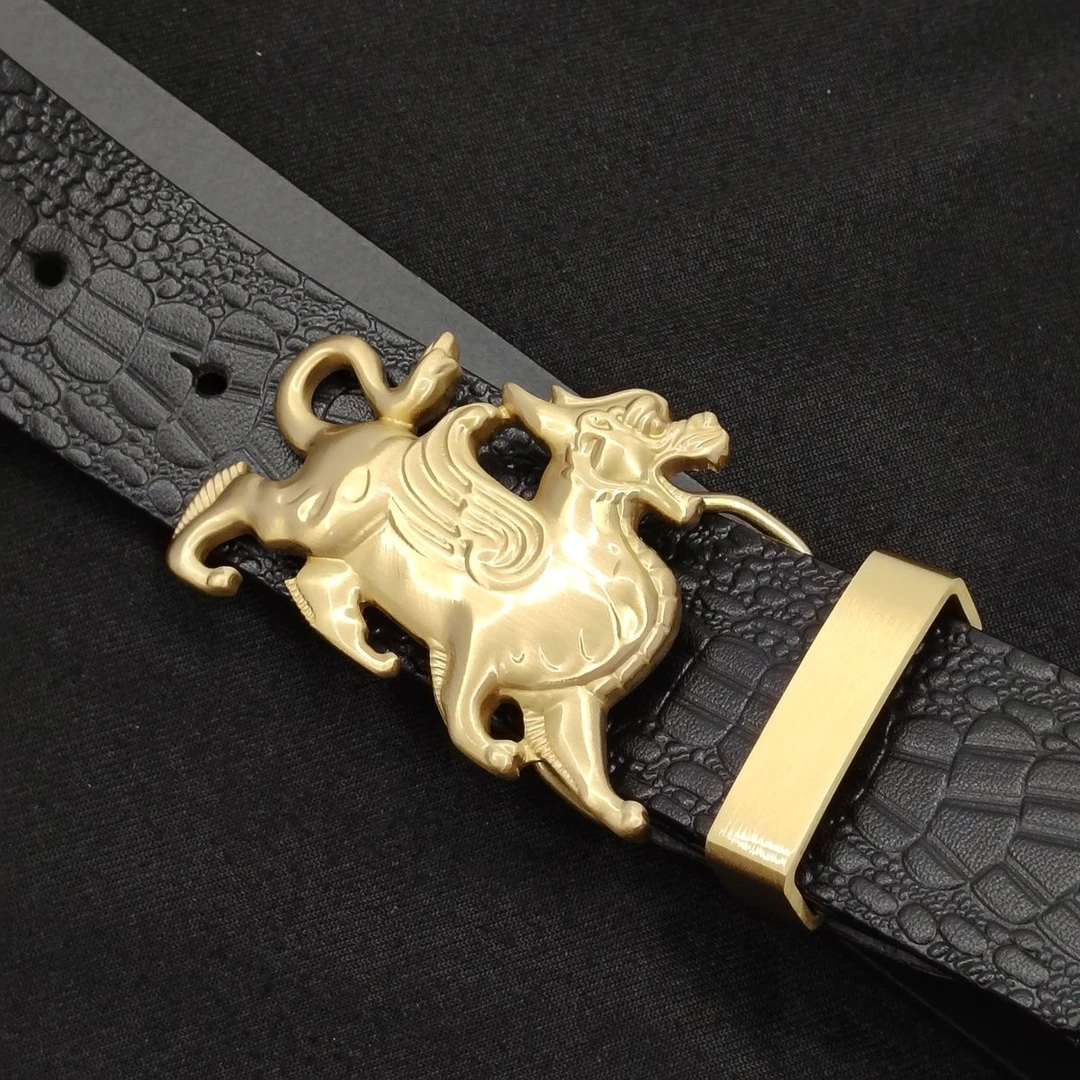 男士实心黄铜貔貅板扣头层牛皮真皮透染百搭皮带纯手工加长裤腰带