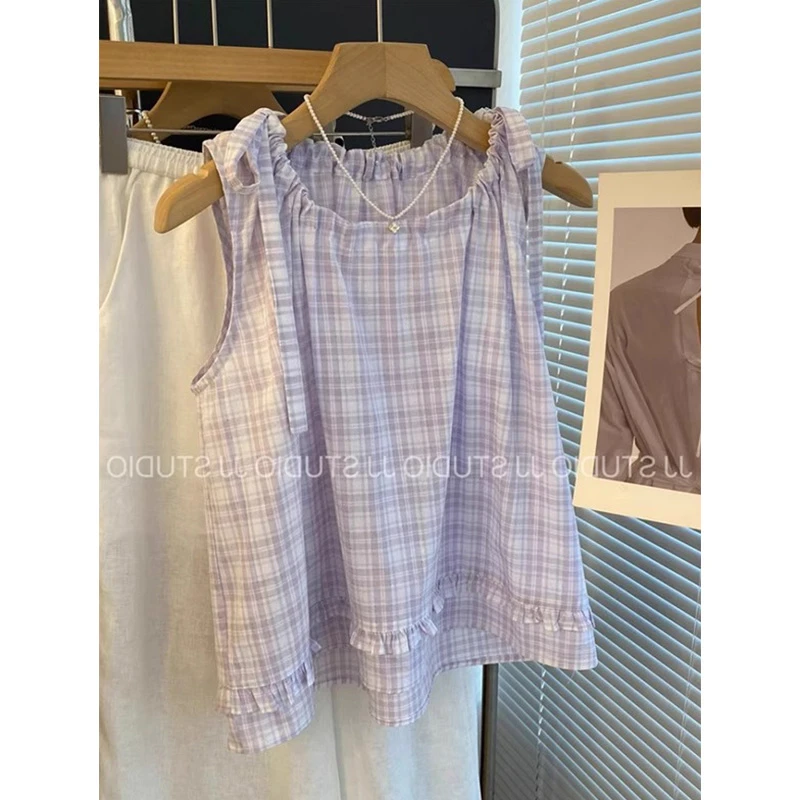 1267韩版小众甜美风格子无袖背心女夏新款时尚百搭休闲舒适上衣潮