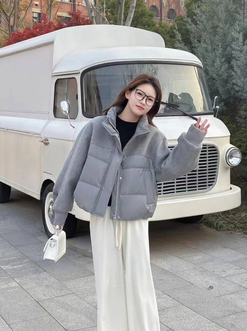灰色外套韩版女士冬季拼接潮流立领