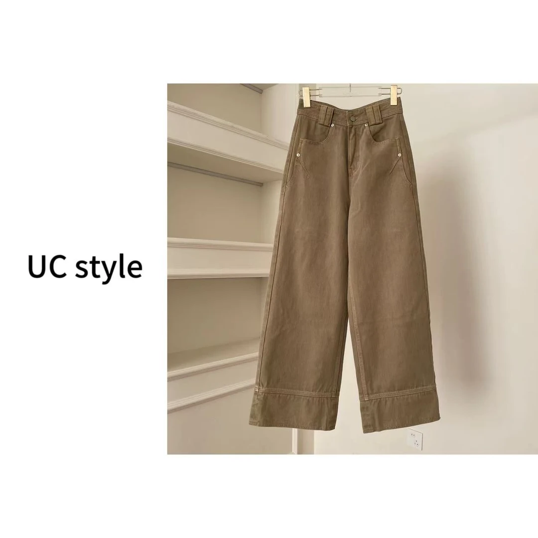 684198棕色直筒宽边宽松阔腿牛仔裤主播穿S码