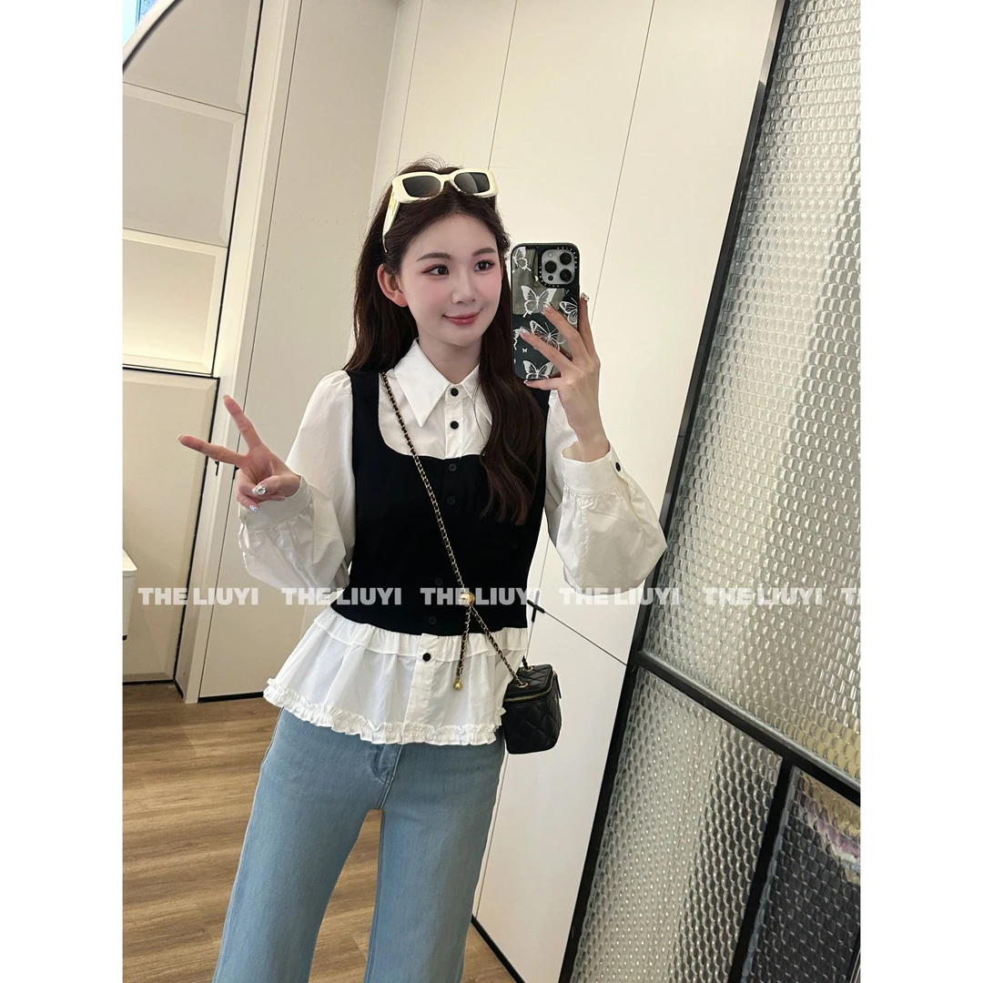 【LIUYI】告白气球~春夏拼接假两件显瘦收腰衬衫上衣53245