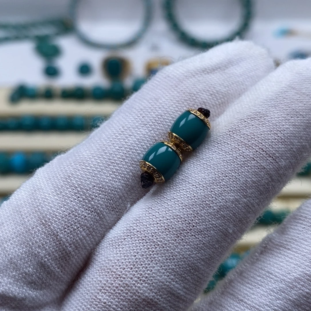 绿松石18K金镶嵌珠宝奇石汉堡对珠6mm