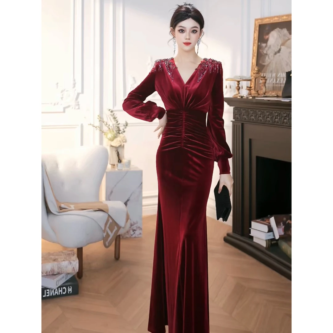 ZHAOMU 气质复古钉珠长款皱褶微鱼尾连衣裙