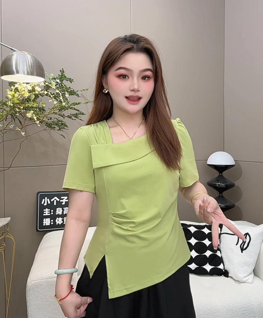 2025夏季新款小个子斜领设计短袖T恤女下摆不规则显瘦遮肉上衣