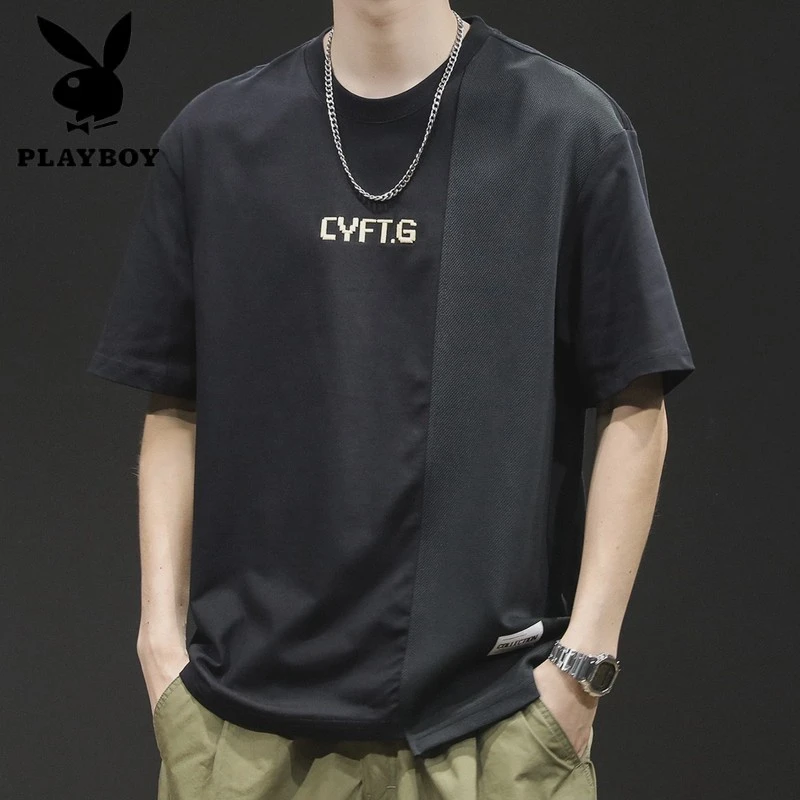 花花公子2025新款短袖t恤男宽松潮牌大码男装男士拼接撞色体恤男