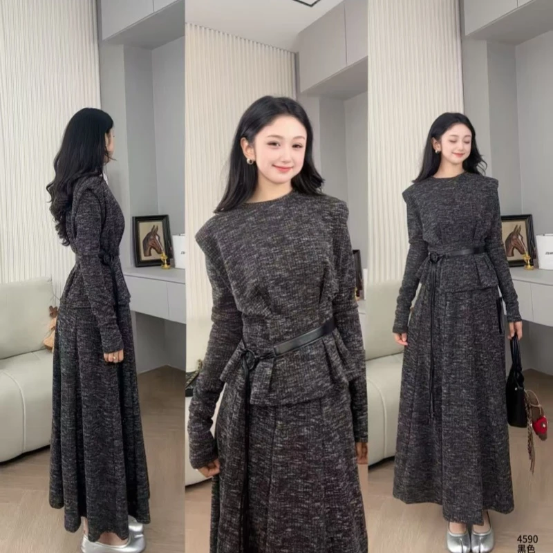 Saeda品牌女装简约优雅圆领上衣 高腰半身裙两件套装YF4590