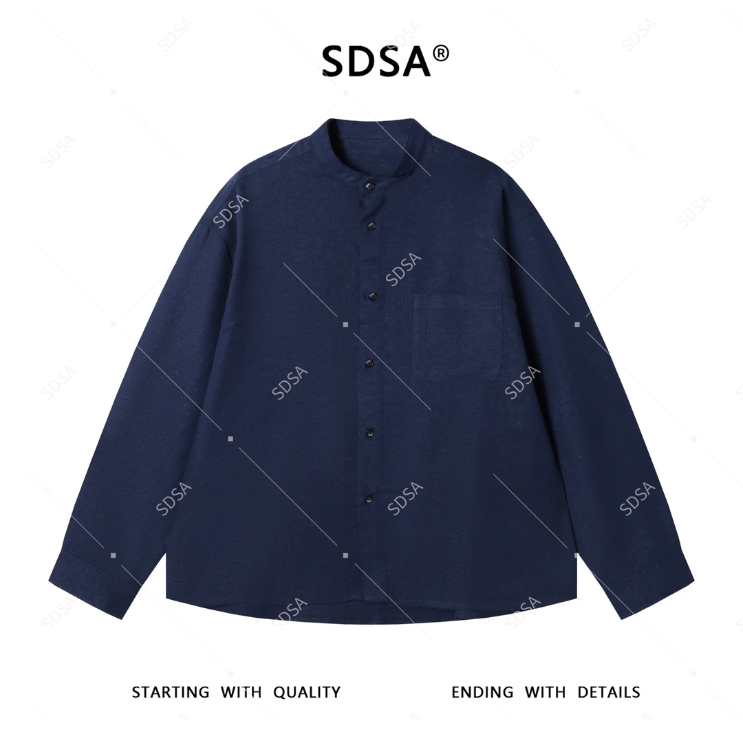 SDSA男士秋冬新款轻奢痞帅男装纯色新中式圆领长袖衬衫简约复古