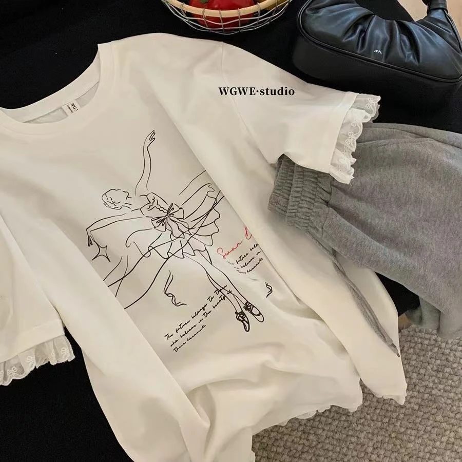 D110女装夏跳舞女孩蕾丝边短袖T恤010