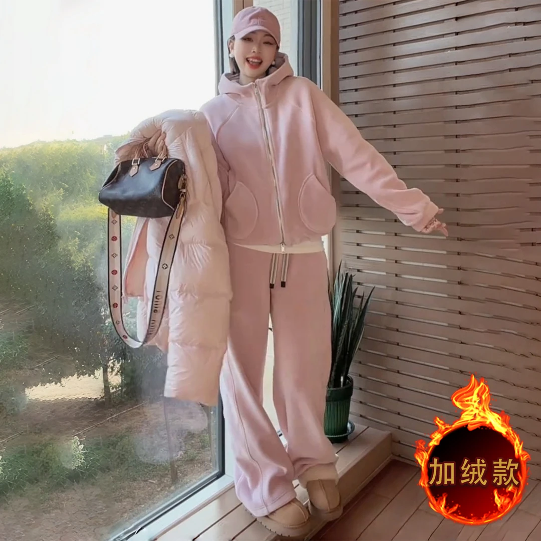 休闲运动时尚套装女秋冬新款双口袋拉链开衫连帽卫衣直筒裤两件套