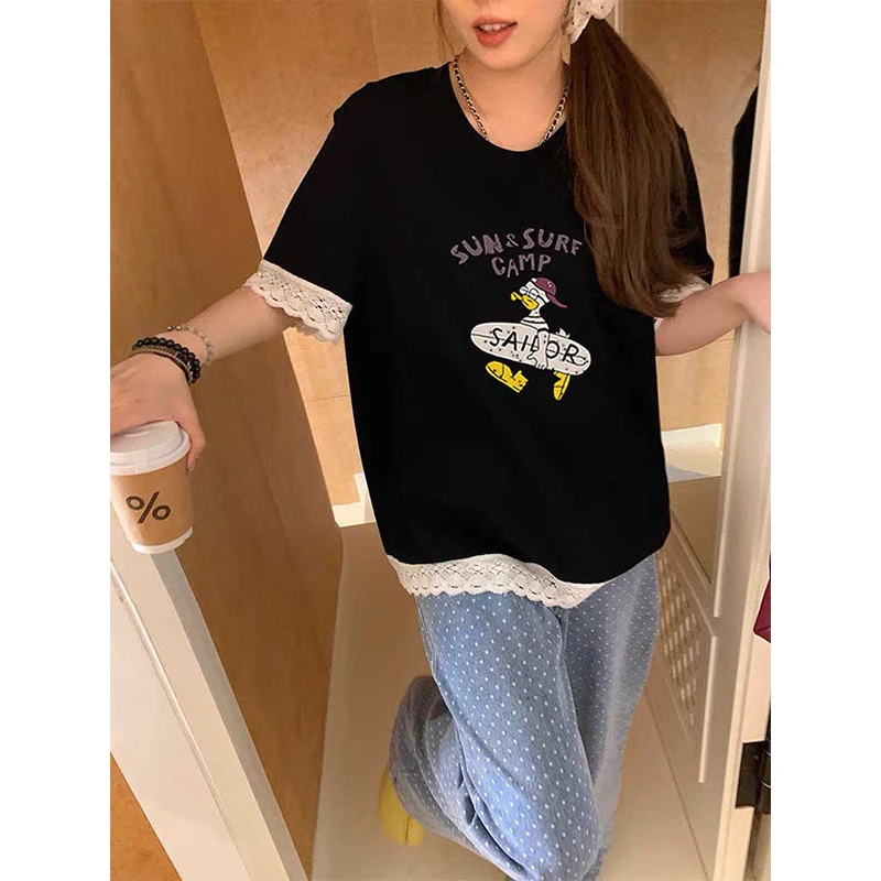 2025春夏新款拼接蕾丝宽松短袖t恤女潮时尚中长款圆领设计感上衣