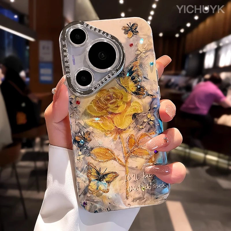 黄玫瑰适用华为pura80pro手机壳p70新款闪粉镜头防摔p60硅胶保护