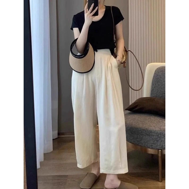 白色休闲九分裤女款2025新款高腰显瘦遮肉大码小个子宽松窄版直筒