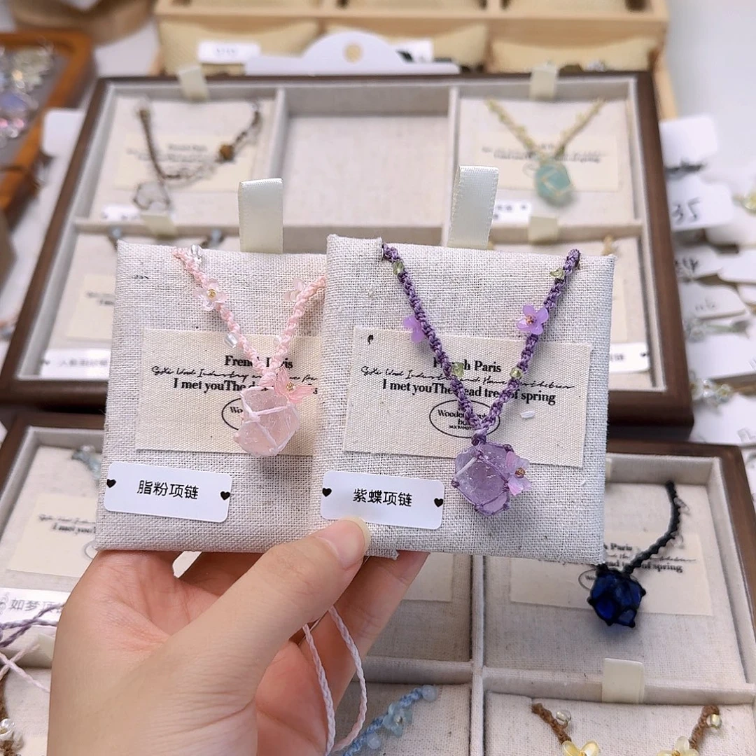 纯铜石英石纯铜锡合金紫蝶 脂粉项链