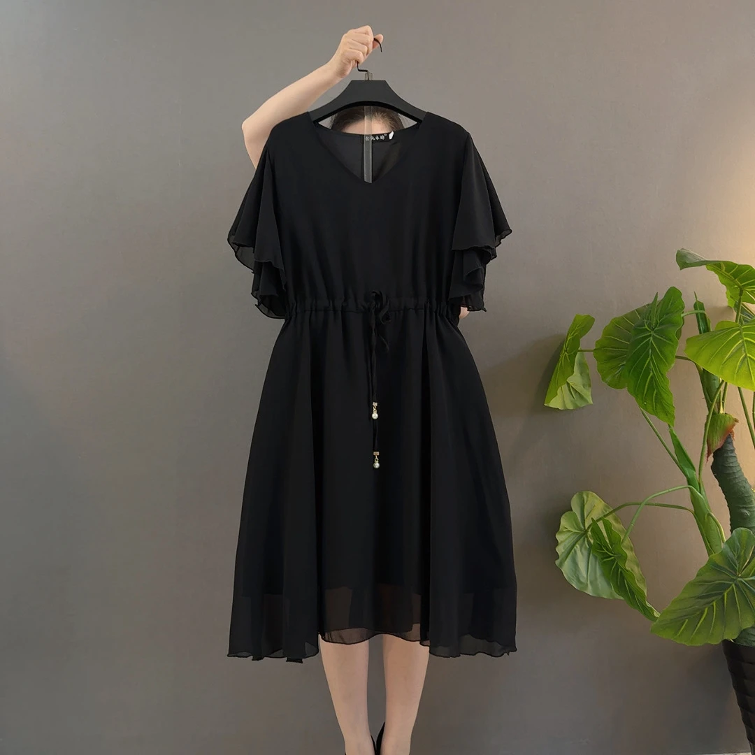 飞飞袖纯色收腰抽绳不规则裙摆大摆连衣裙