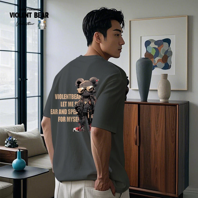 暴力熊短袖男t恤潮流早春季纯棉时尚印花宽松圆领上衣打底半袖T恤
