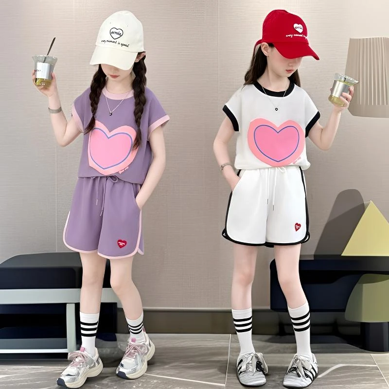 女童夏装套装2025新款儿童洋气短袖时髦韩版女孩运动短裤两件套