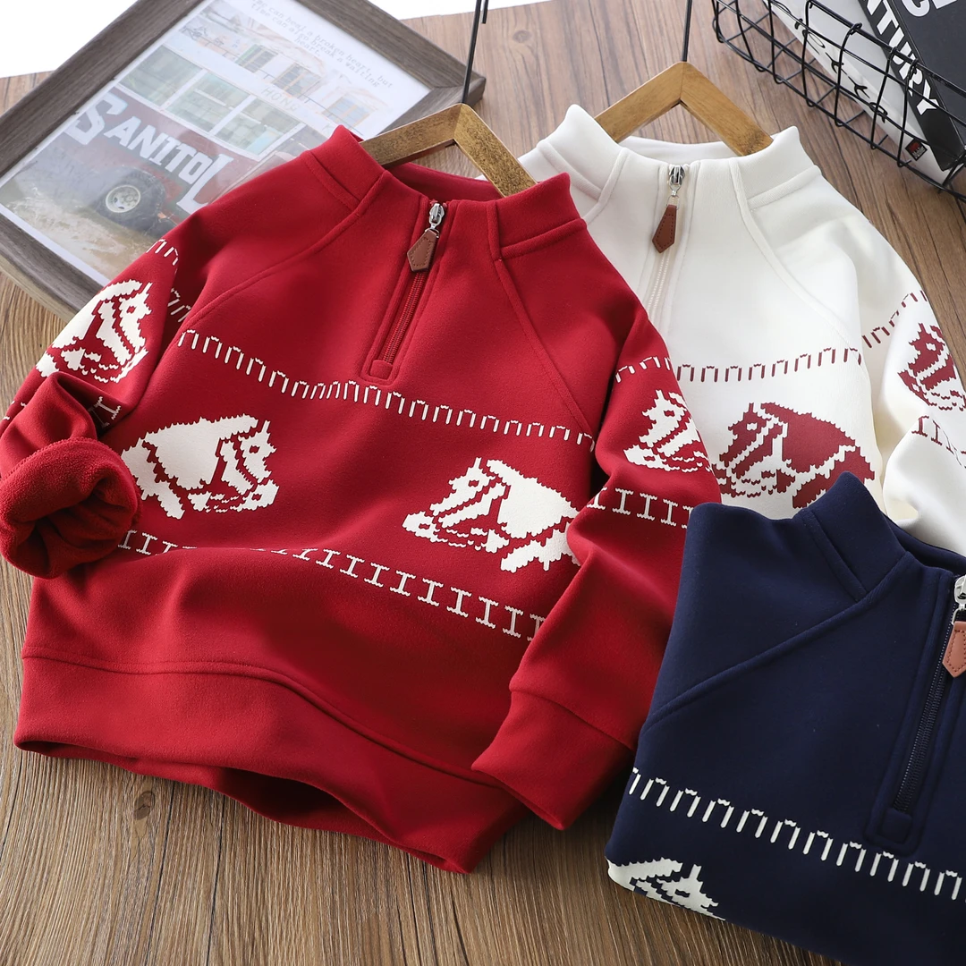 儿童拜年服防风绒费尔岛风冬季加绒半拉链男童潮酷卫衣T29-5208