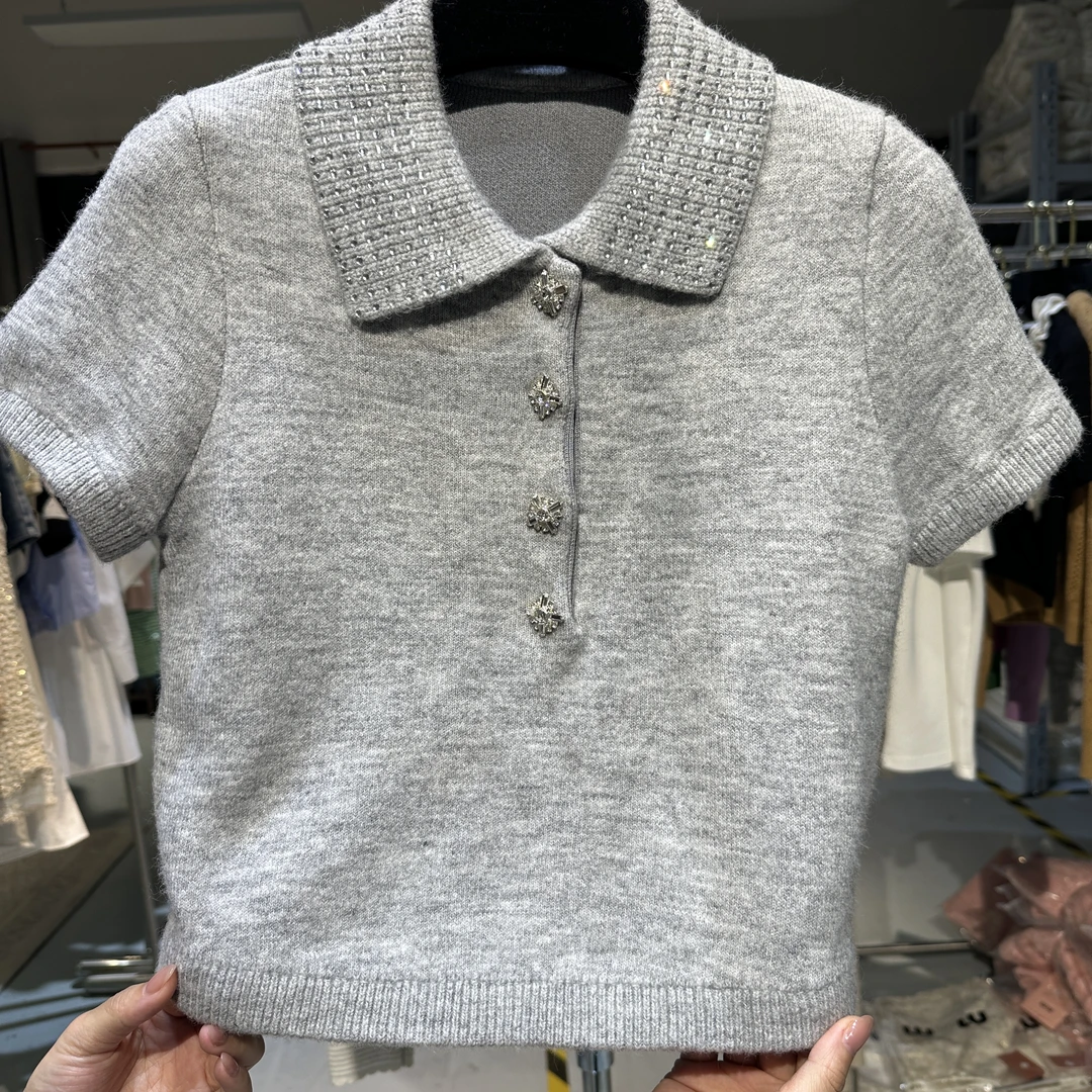 <猪猪出品>时尚百搭高级修身显瘦气质翻领灰色女装毛针织衫523