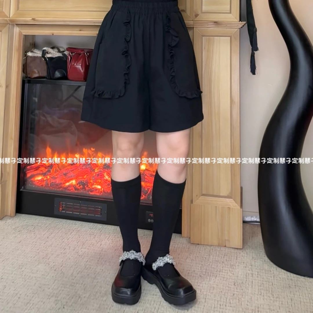 XZ“花边”自制原创花边口袋手工捏褶百搭款小众设计感短裤女装黑色