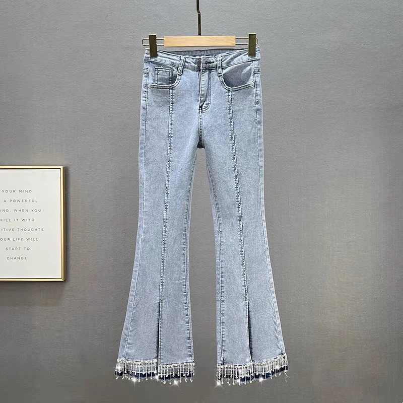 （xy推荐）水钻流苏牛仔裤春夏款高腰修身显瘦欧货开叉微喇裤8280#