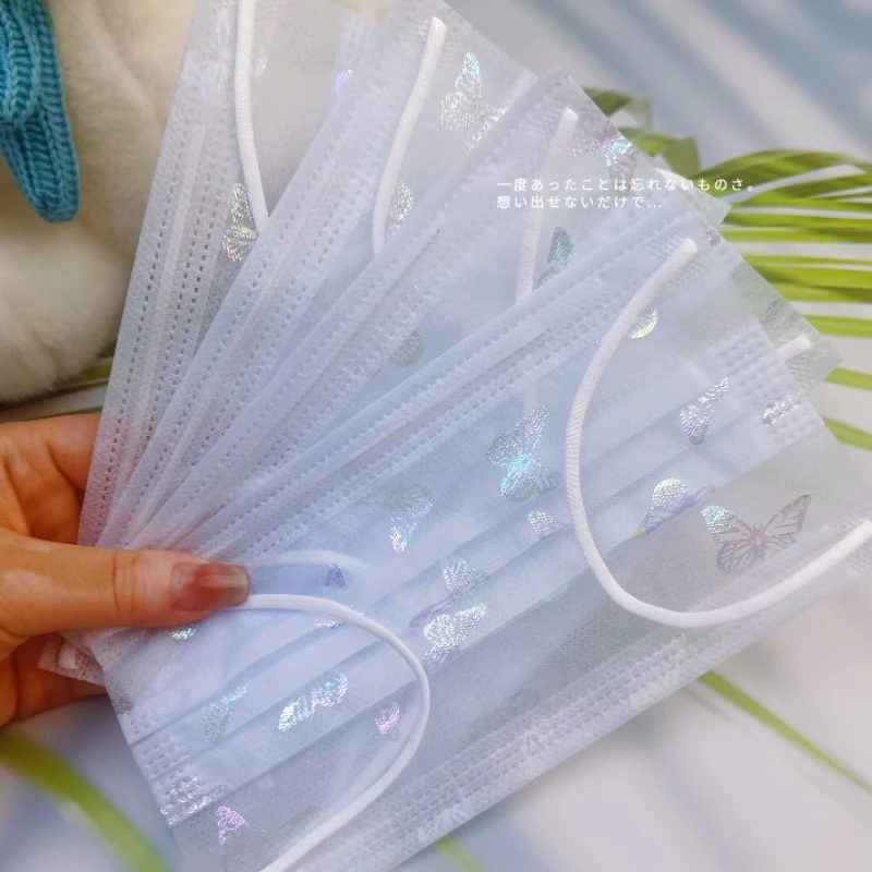 夏天薄款一次性网纱口罩浅蓝色蝴蝶学生潮款二层轻薄透气款高颜值