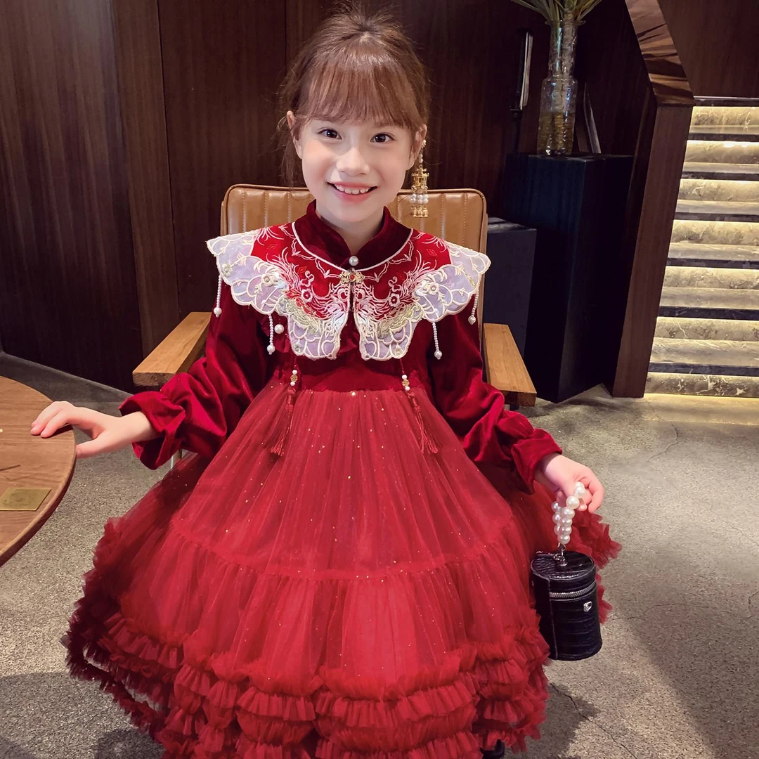女童红色连衣裙秋冬2026新款洋气小女孩新年装儿童丝绒网纱公主裙