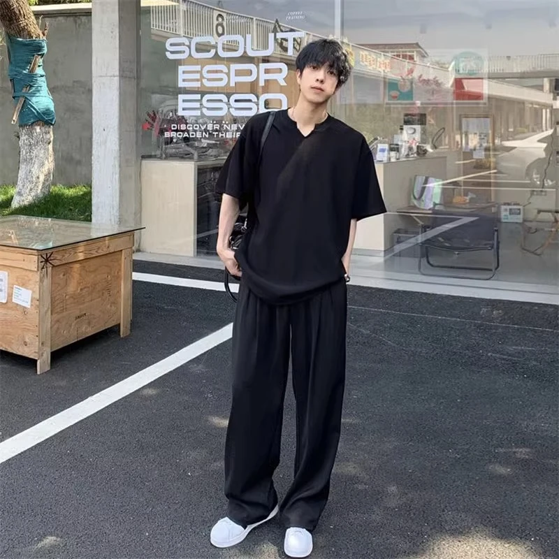 LIGGICC美式v领T恤上衣夏季半袖宽松潮流休闲短袖条纹纯色港风