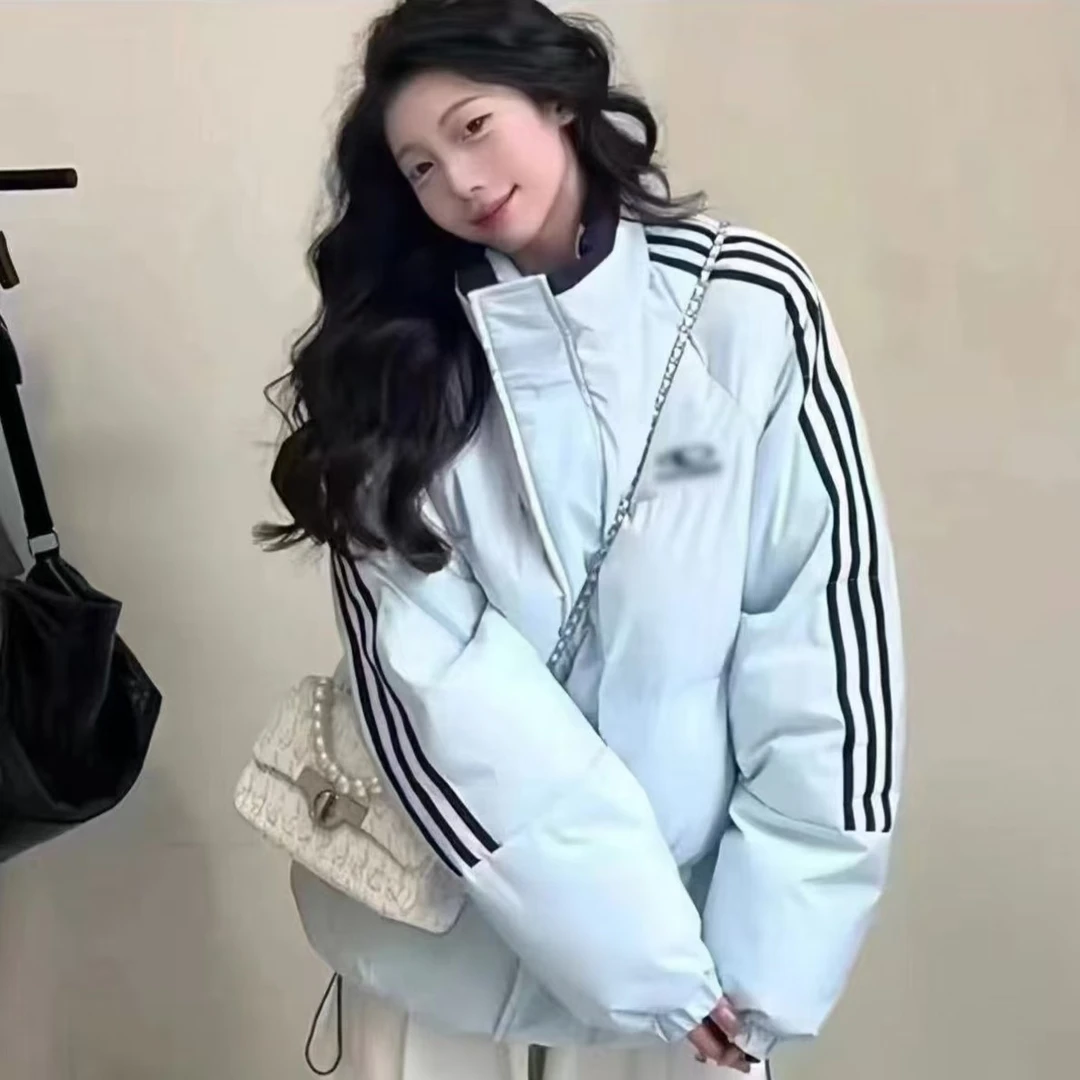 美式立领2024年新款条纹棉服冬季保暖加厚宽松棉衣学生棉袄外套女