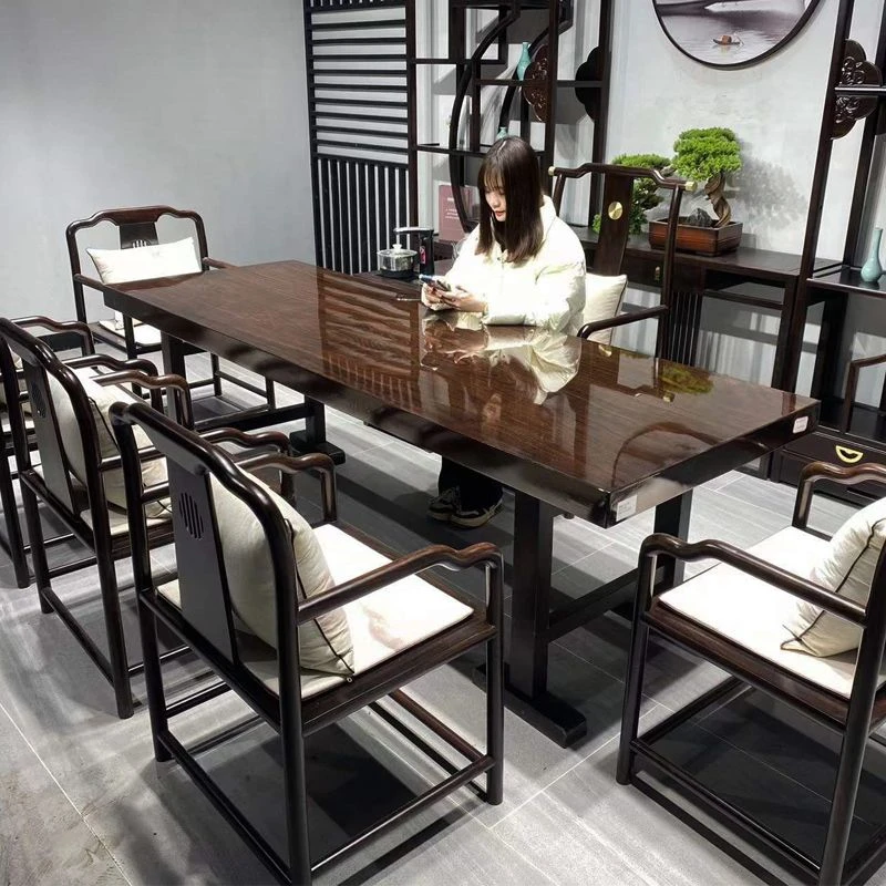 黑檀实木原木大板茶桌椅组合新中式奥坎茶台老板办公桌简约大班台