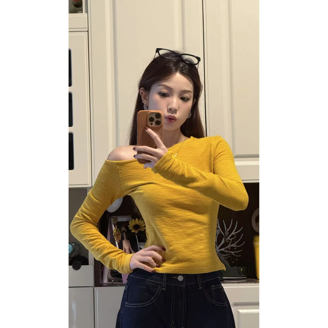 美式辣妹姜黄色紧身长袖t恤女2025早春欧若风修身显瘦收腰上衣