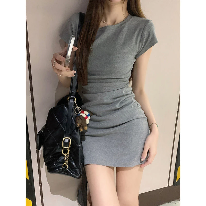 2025夏季新款小众简约纯色女连衣裙弹力夏季显瘦包臀短裙爆款修身