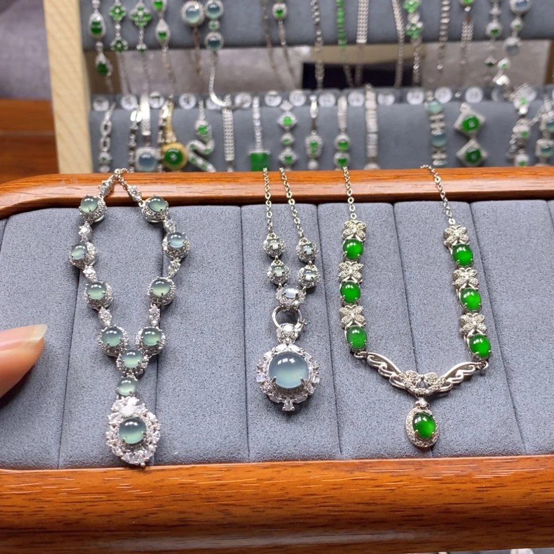 翡翠颈饰银S925镶嵌A***h3件套