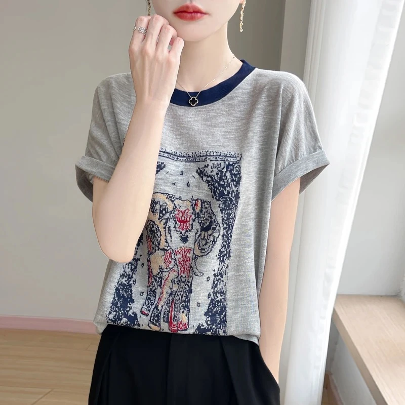 夏季新款【竹节麻】758拼色圆领大象图案大码针织短袖百搭显瘦上衣