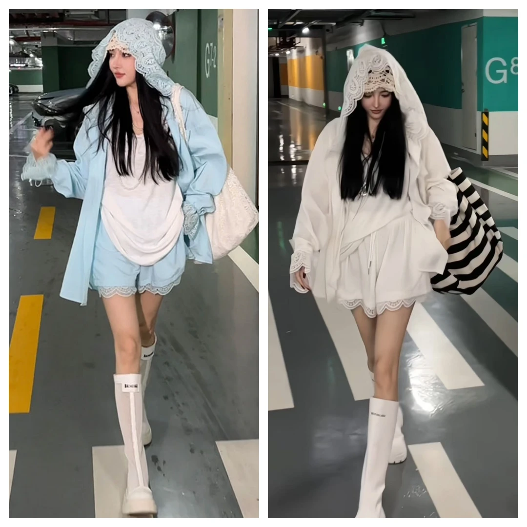 【安利好物】海盐日记夏季甜美拼接蕾丝连帽宽松减龄休闲衬衫W9231