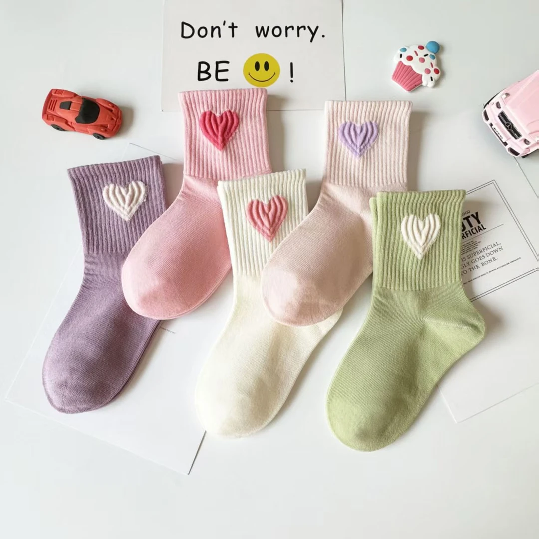 女童袜子潮袜中筒袜子春秋款女孩高筒韩版爱心学生运动透气秋冬季