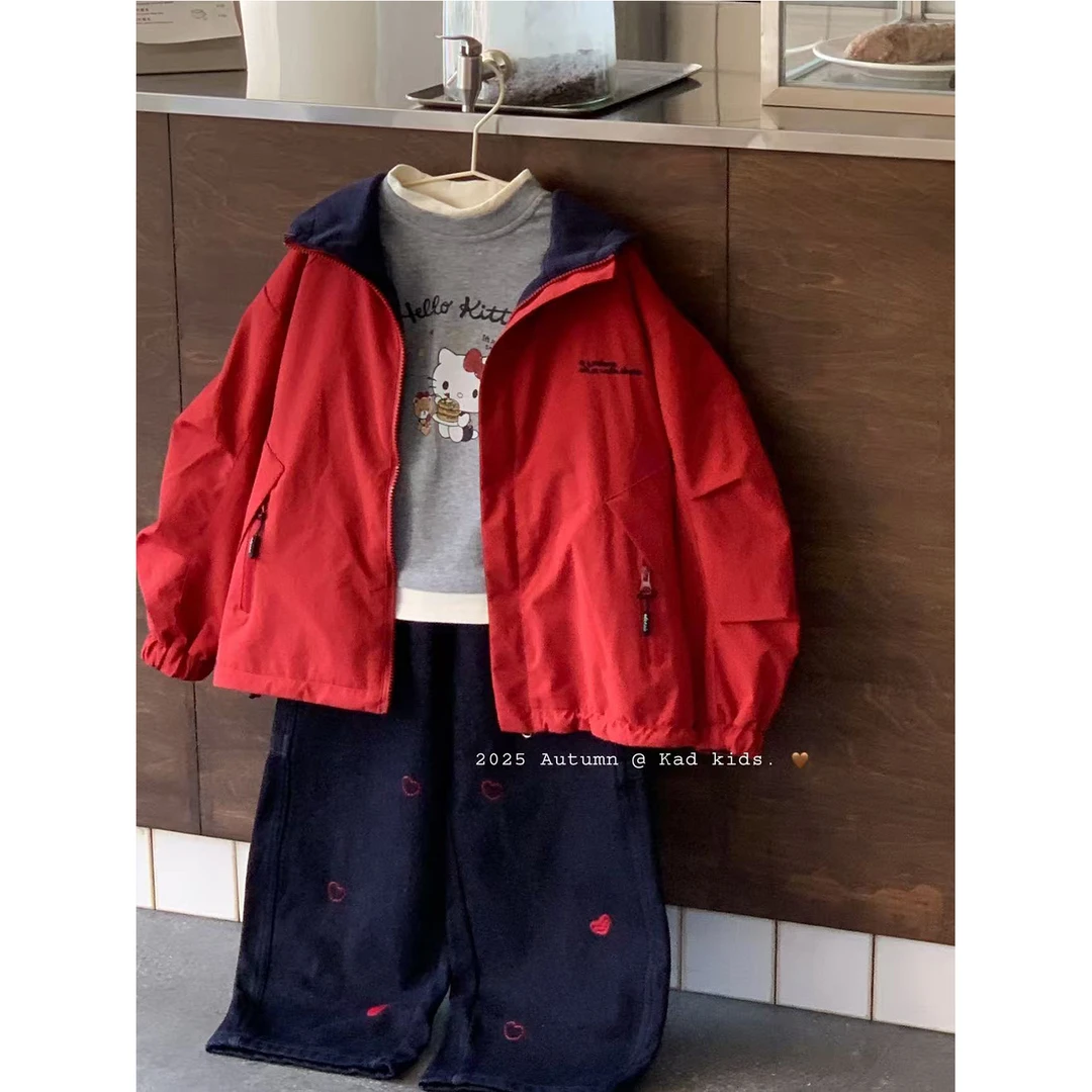 V5317-双面穿加绒冲锋衣【红+藏青】+V5348-假两件T+爱心牛仔裤