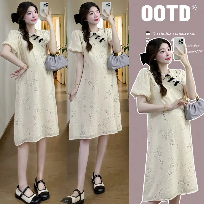 孕妇装夏季翻领新中式泡泡袖碎花旗袍宽松显瘦连衣裙女