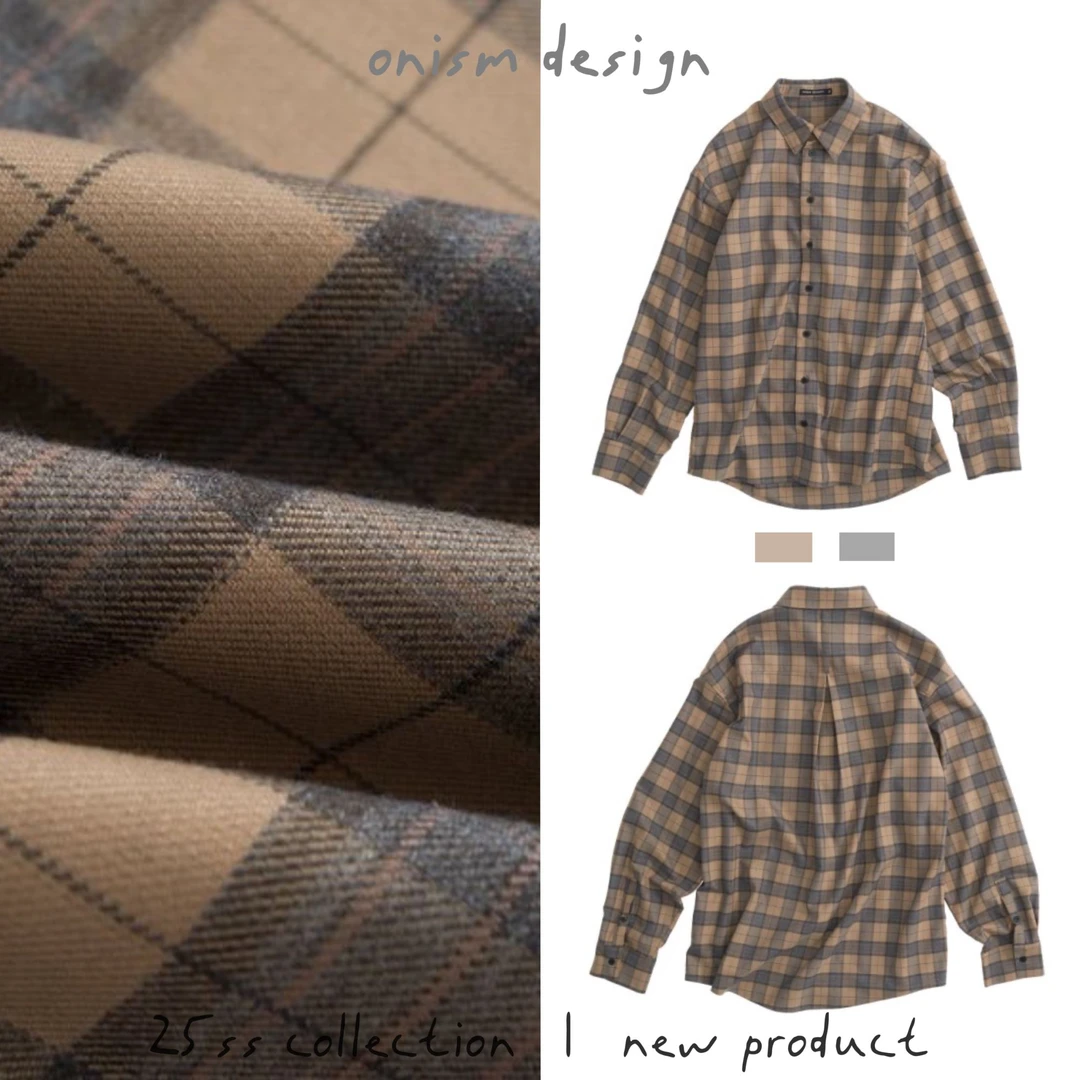 “巴恩日记”复古宽松落肩拼接格纹长袖衬衫高级小翻领撞色春季上衣