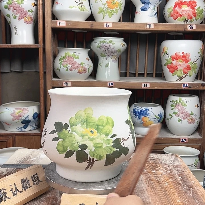 摆件高20口20绿绿绿牡丹新款陶瓷